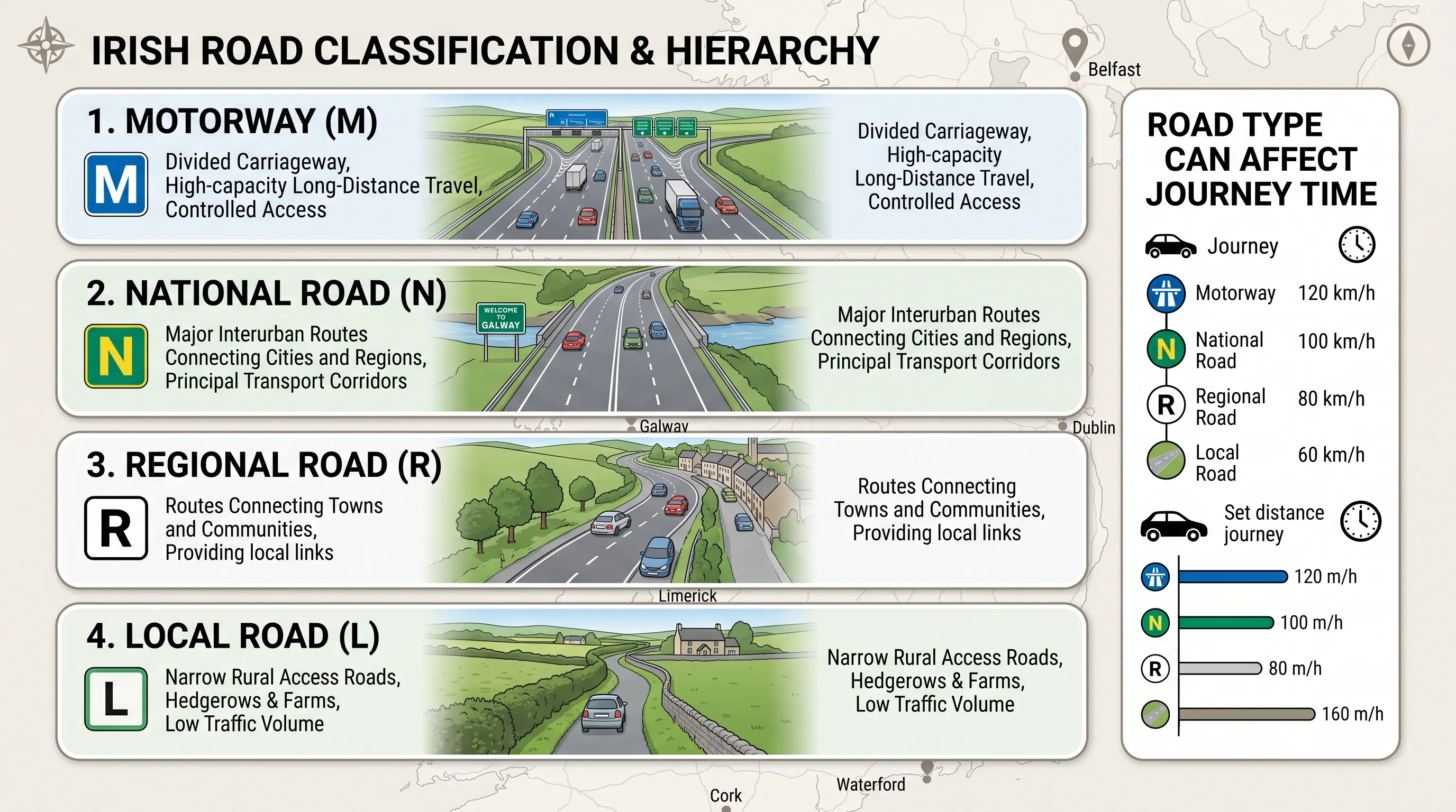 Infographic illustrating the 4 levels of Irish road classification: Motorway, National, Regional, and Local roads