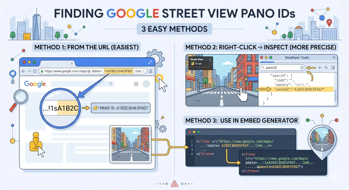 Infographic illustrating three easy methods to find Google Street View Pano IDs using URLs, developer tools, and embed generators