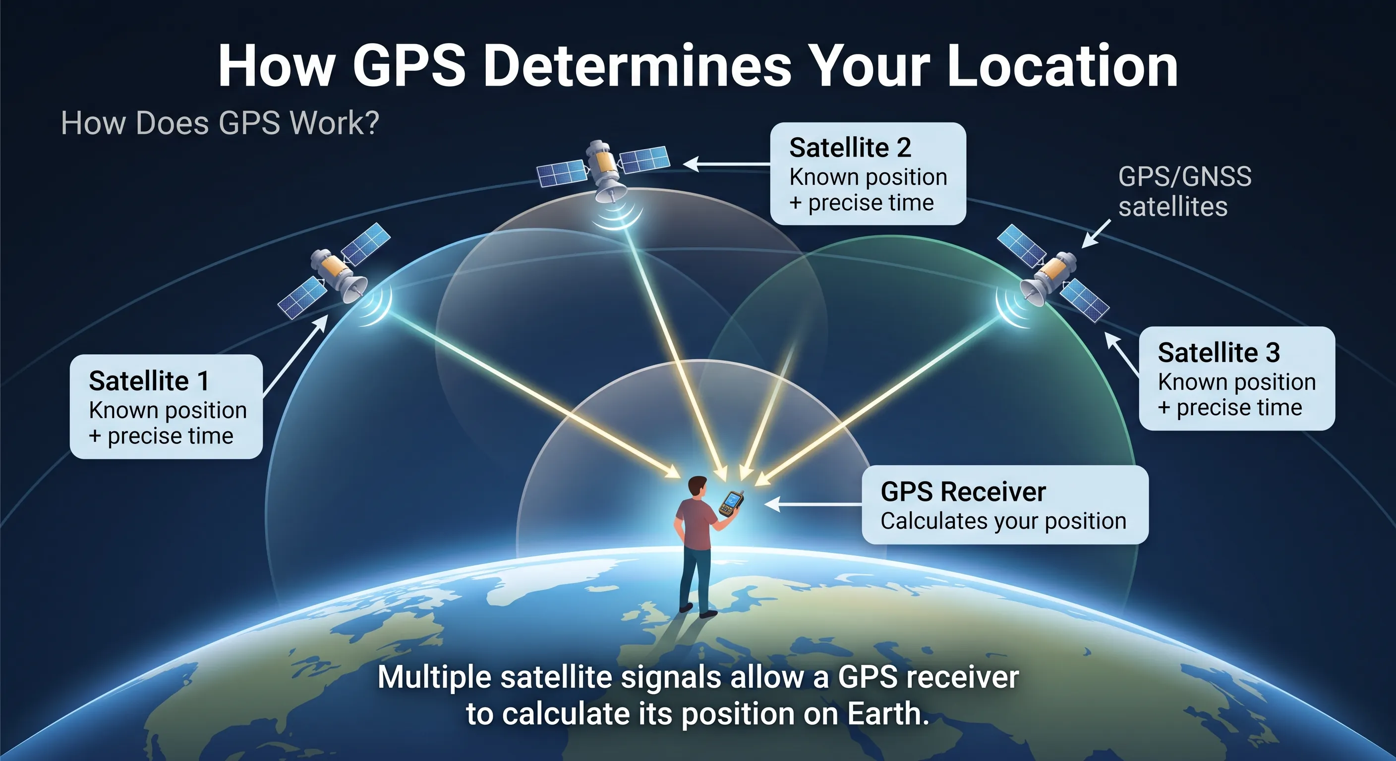 Diagram showing how GPS determines location using satellites and trilateration