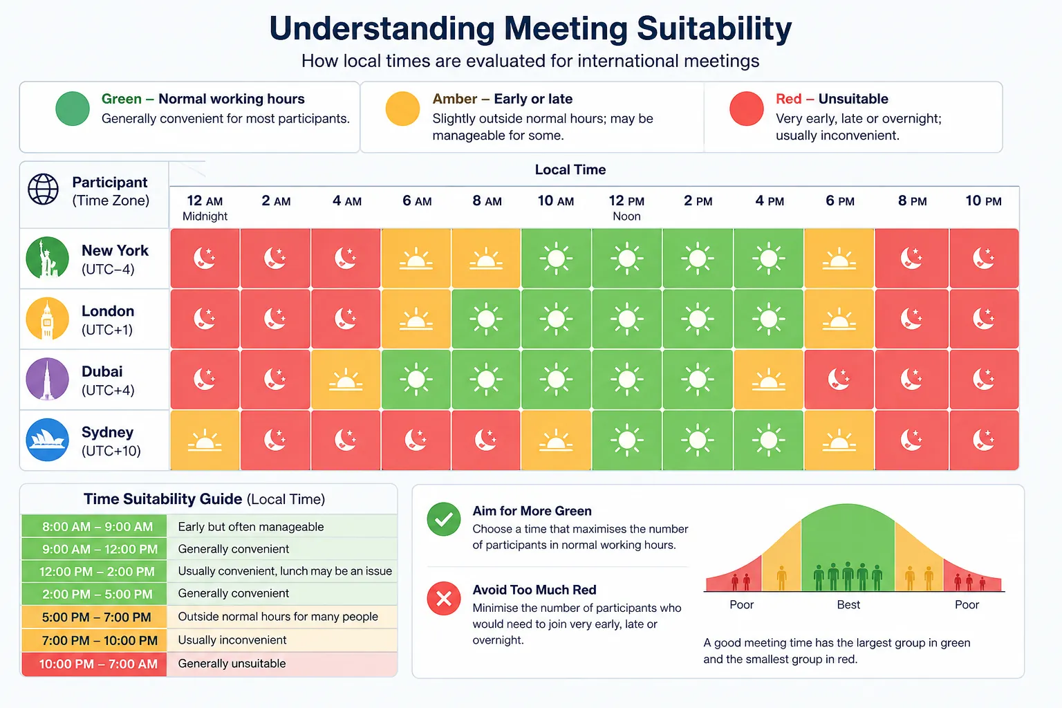 How local times are calculated for international meetings
